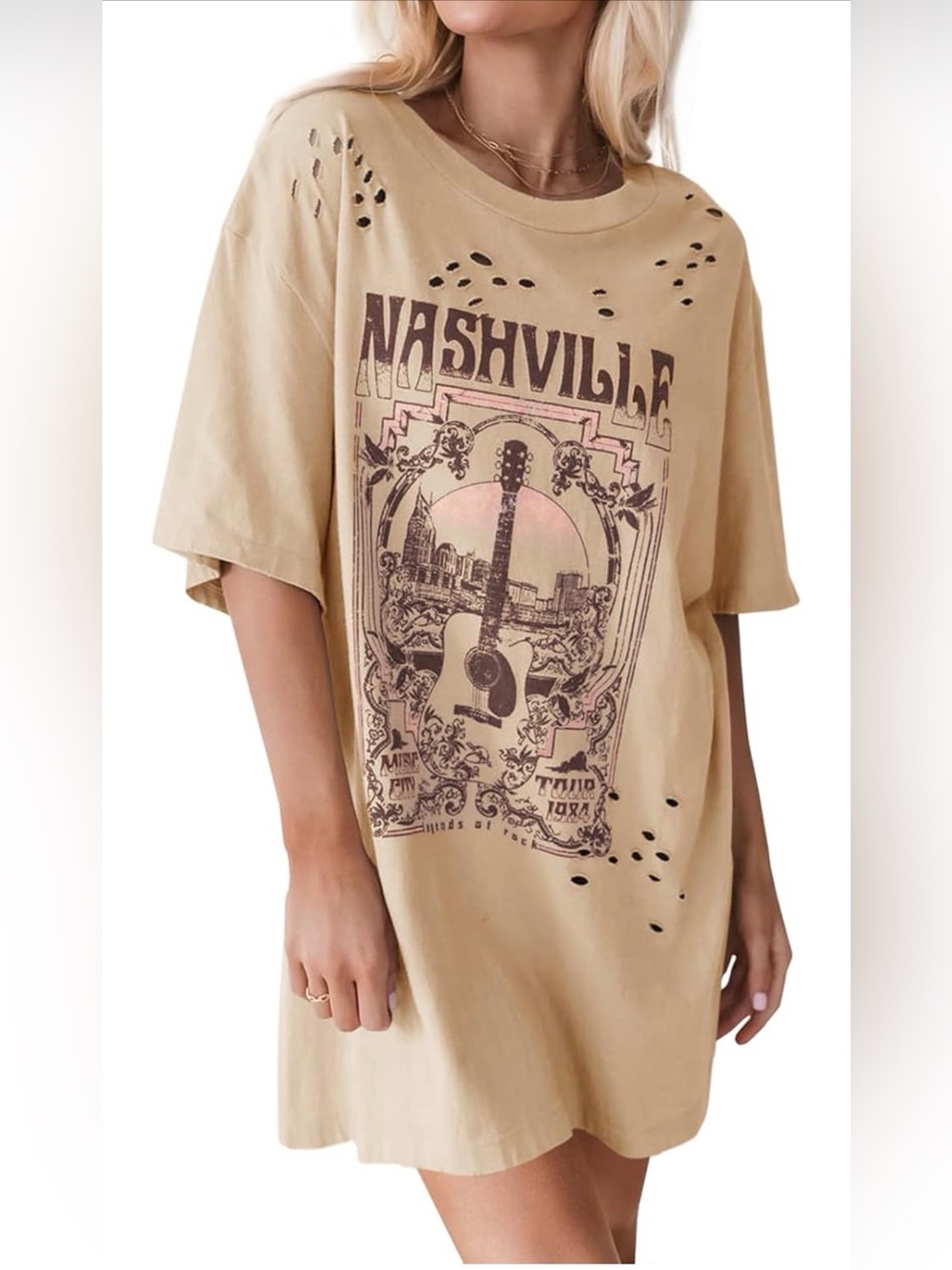 Nashville Music Distressed Women’s Graphic Tee Oversized Beige NWOT